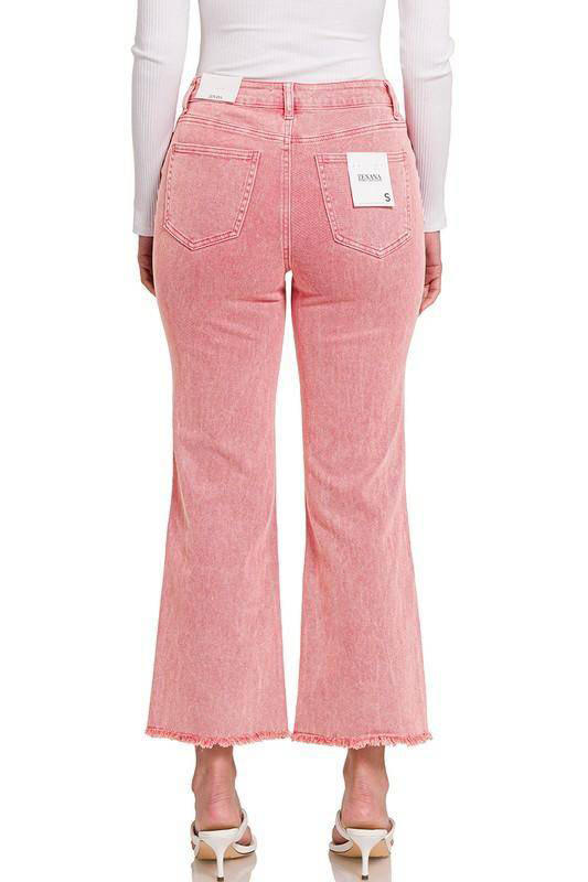 Zenana Acid Washed High Waist Frayed Hem Cropped Kick Flare Jeans