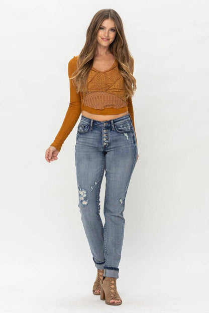 Judy Blue Mid-Rise Button Fly Contrast Wash Cuffed Boyfriend Jeans