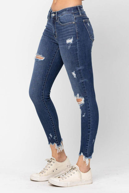 Judy Blue Mid-Rise Raw Hem Destroyed Skinny Jeans