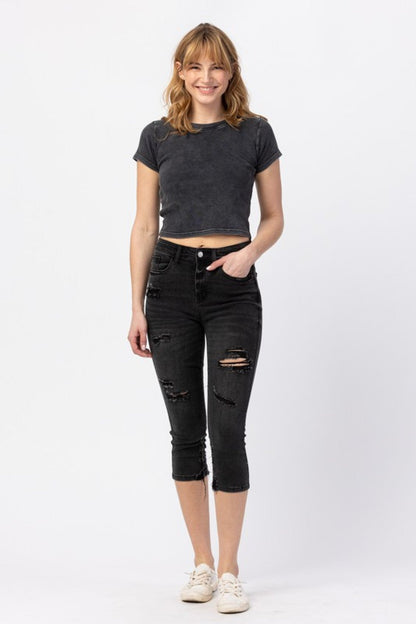 Judy Blue High Waist Black Distressed Skinny Capri