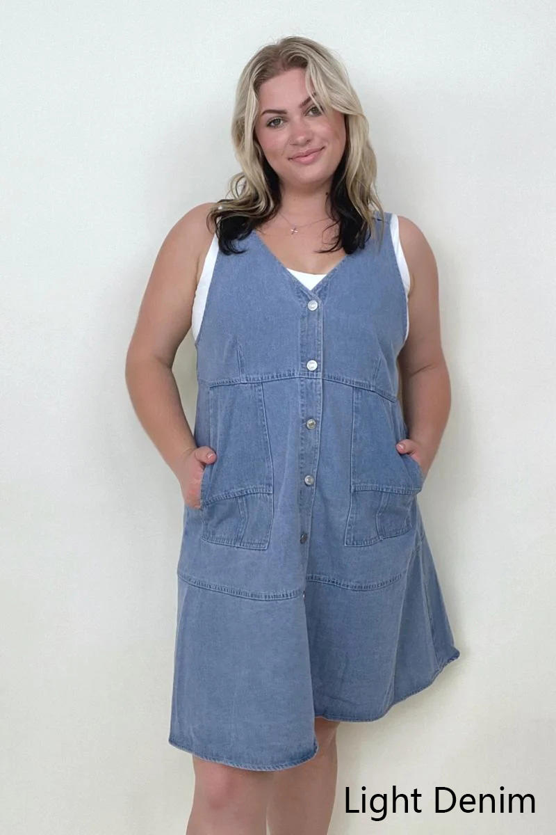 Davi & Dani Button Front Adjustable Strap Denim Dress