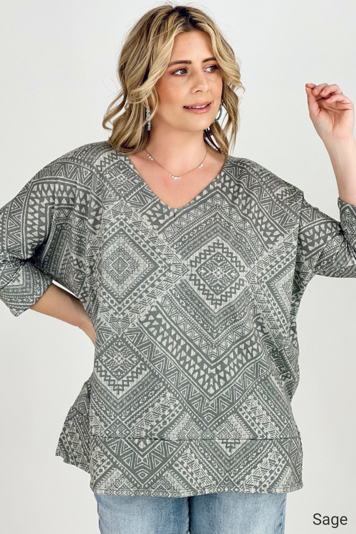 BiBi Aztec Print French Terry V Neck Top