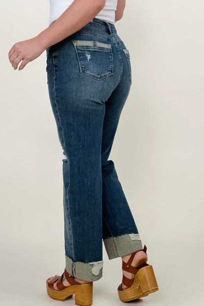 Judy Blue Mid-Rise Destroy & Single Cuff Dad Jean Straight Jeans