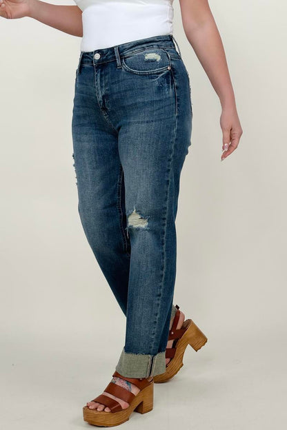 Judy Blue Mid-Rise Destroy & Single Cuff Dad Jean Straight Jeans