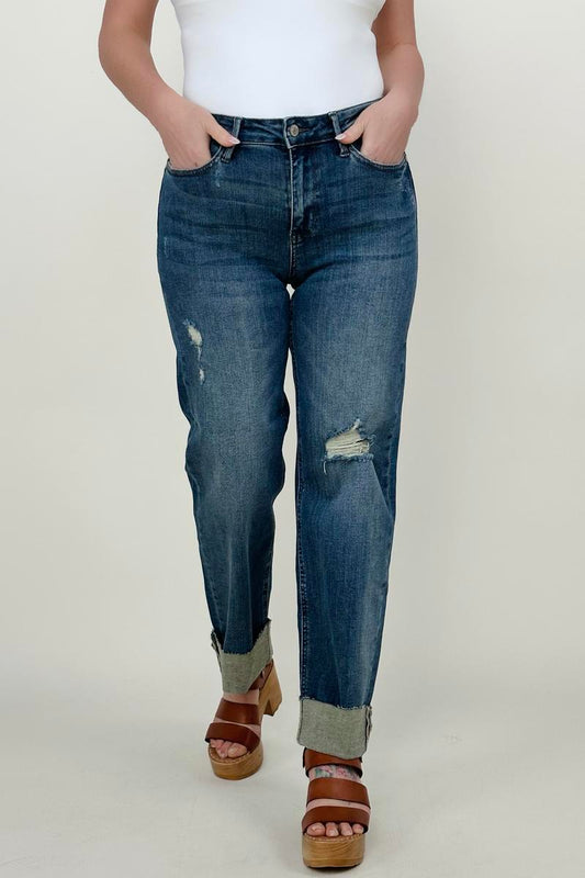 Judy Blue Mid-Rise Destroy & Single Cuff Dad Jean Straight Jeans